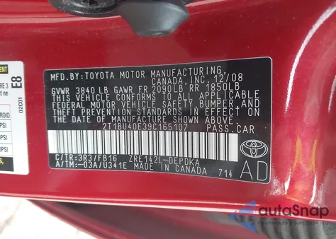 2009 Toyota Corolla S/Le/Xle из США, поврежденный, VIN 2T1BU40E39C165107